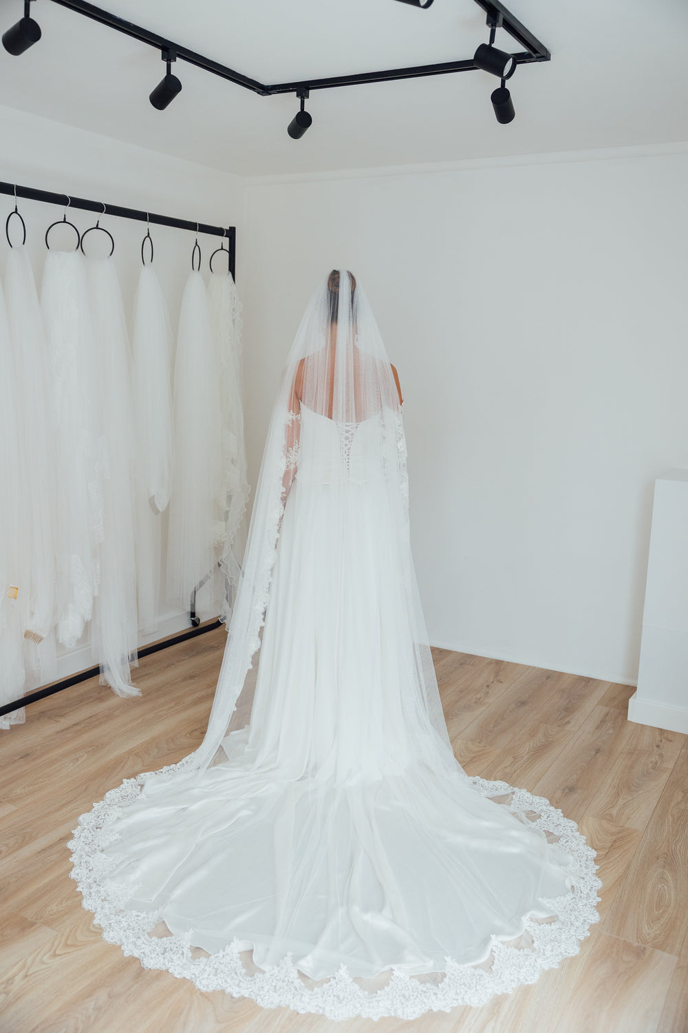 BILLIE. single tier veil, bold lace trim.