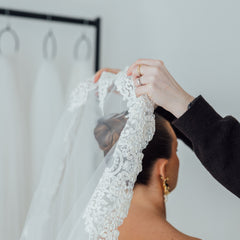 BILLIE. mantilla veil, bold lace edge.