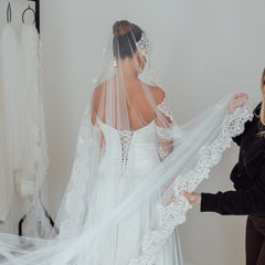 BILLIE. mantilla veil, bold lace edge.
