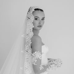 BILLIE. mantilla veil, bold lace edge.