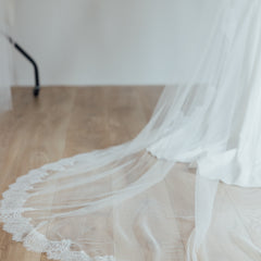 PAIGE. mantilla veil, wide lace trim.