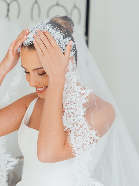 SOPHIE. mantilla veil, cord lace trim.