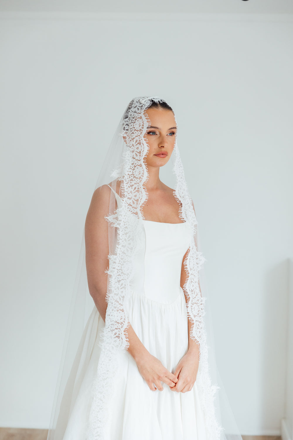 SOPHIE. mantilla veil, cord lace trim.