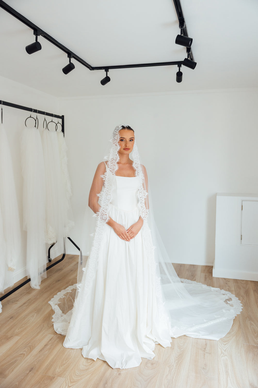 SOPHIE. mantilla veil, cord lace trim.