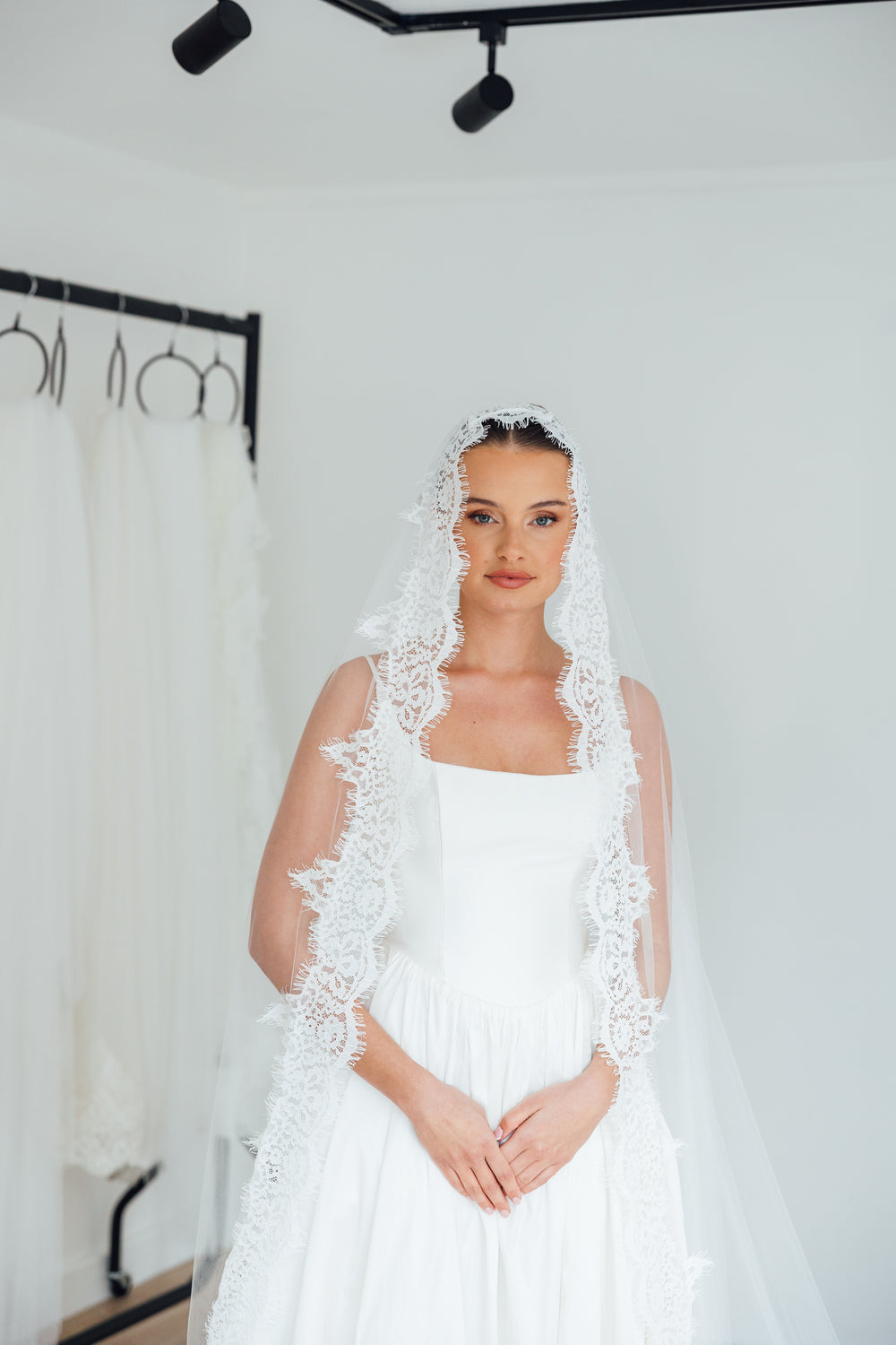 SOPHIE. mantilla veil, cord lace trim.