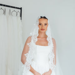 SOPHIE. mantilla veil, cord lace trim.