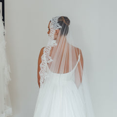 SOPHIE. mantilla veil, cord lace trim.