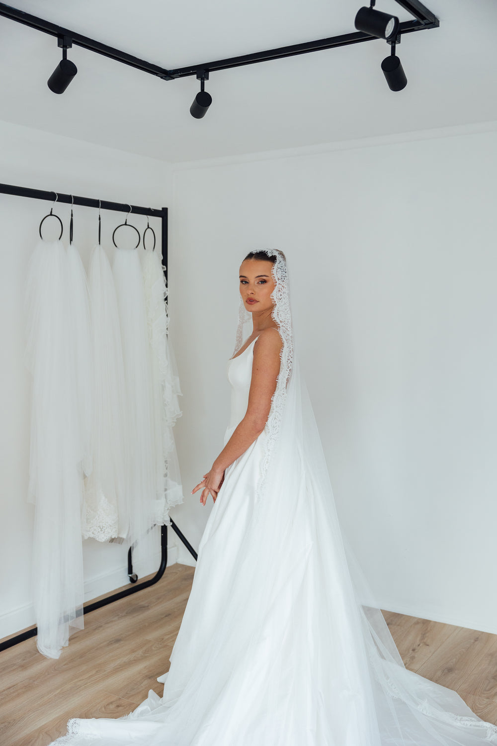 SOPHIE. mantilla veil, cord lace trim.