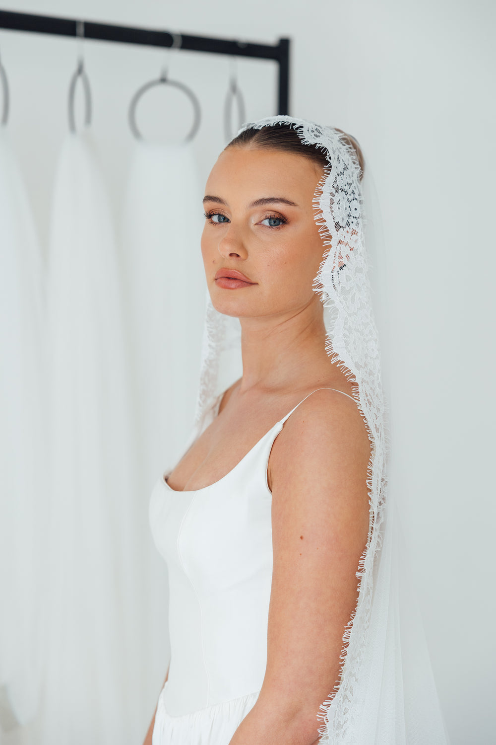 SOPHIE. mantilla veil, cord lace trim.