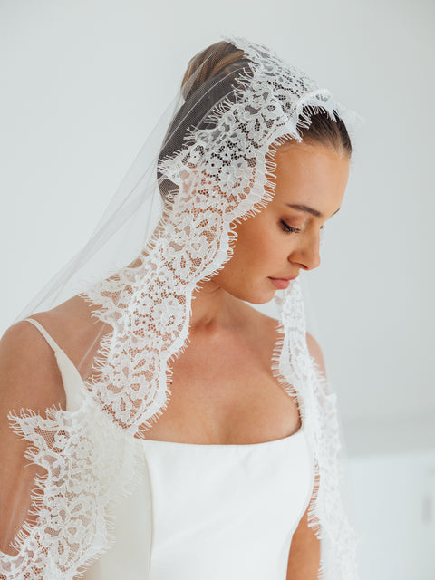 SOPHIE. mantilla veil, cord lace trim.