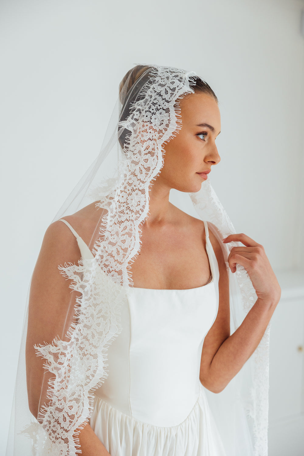 SOPHIE. mantilla veil, cord lace trim.