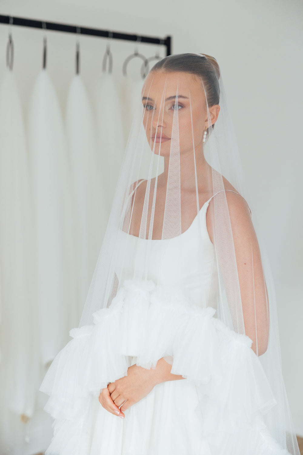 IZZY. blusher veil, tulle ruffle edge.