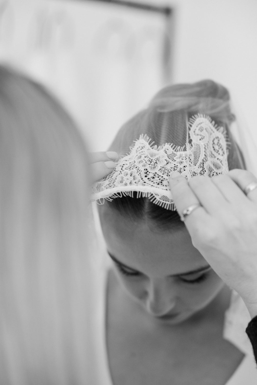 PAIGE. mantilla veil, wide lace trim.