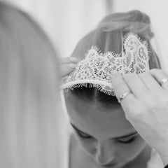 PAIGE. mantilla veil, wide lace trim.