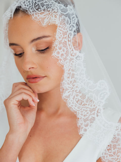 PAIGE. mantilla veil, wide lace trim.