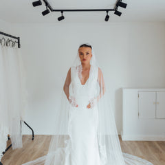 PAIGE. mantilla veil, wide lace trim.