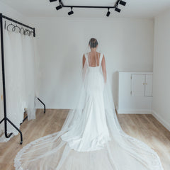 PAIGE. mantilla veil, wide lace trim.