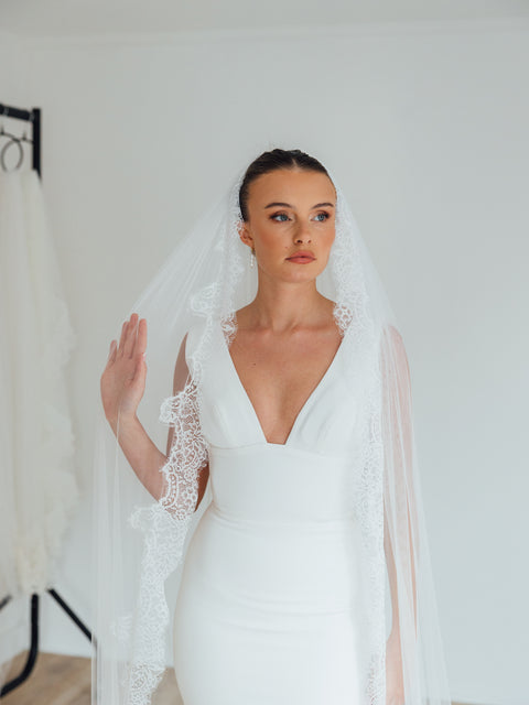 PAIGE. single tier veil, wide lace trim.