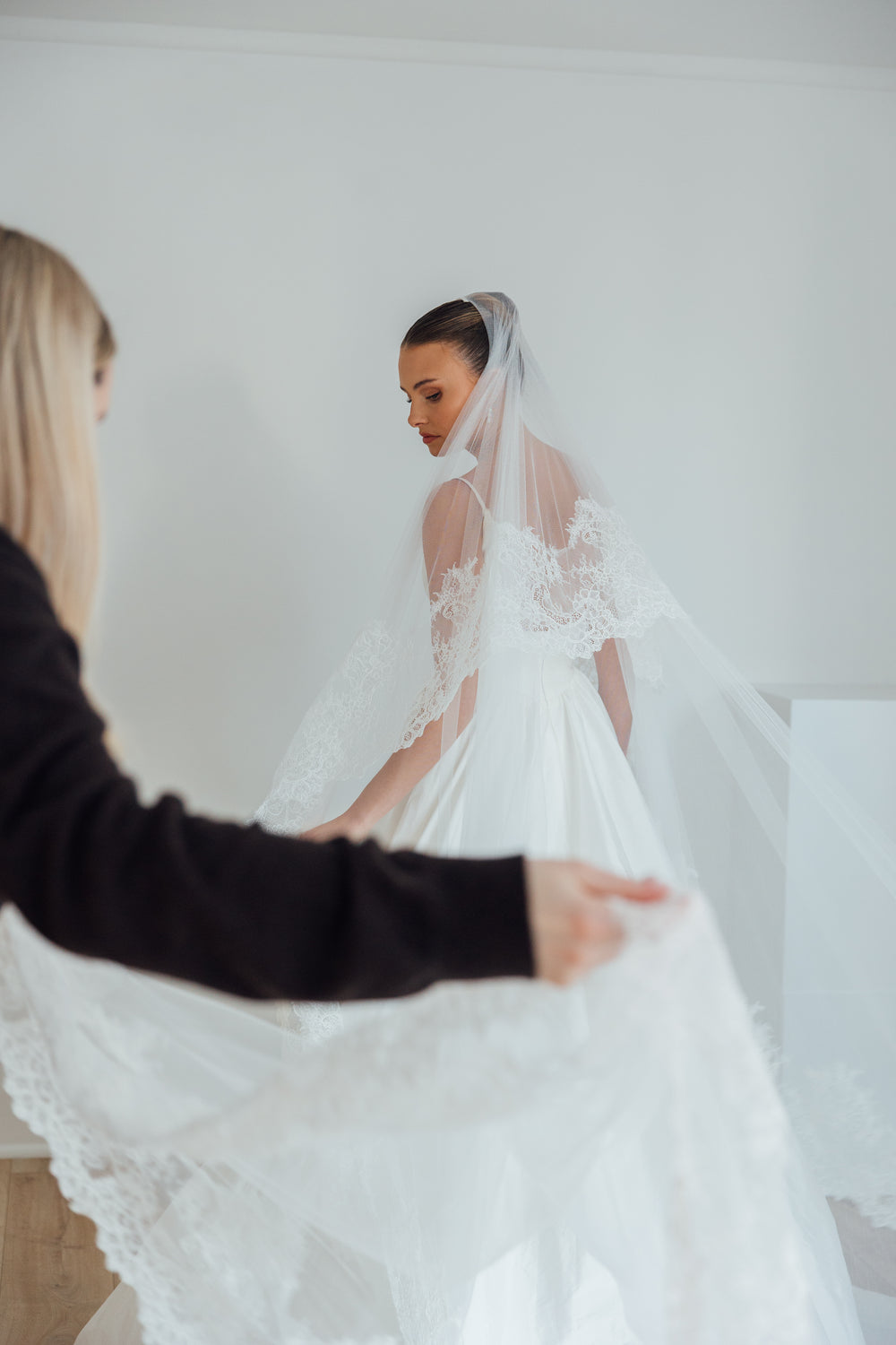 LIV. blusher veil, wide lace edge.