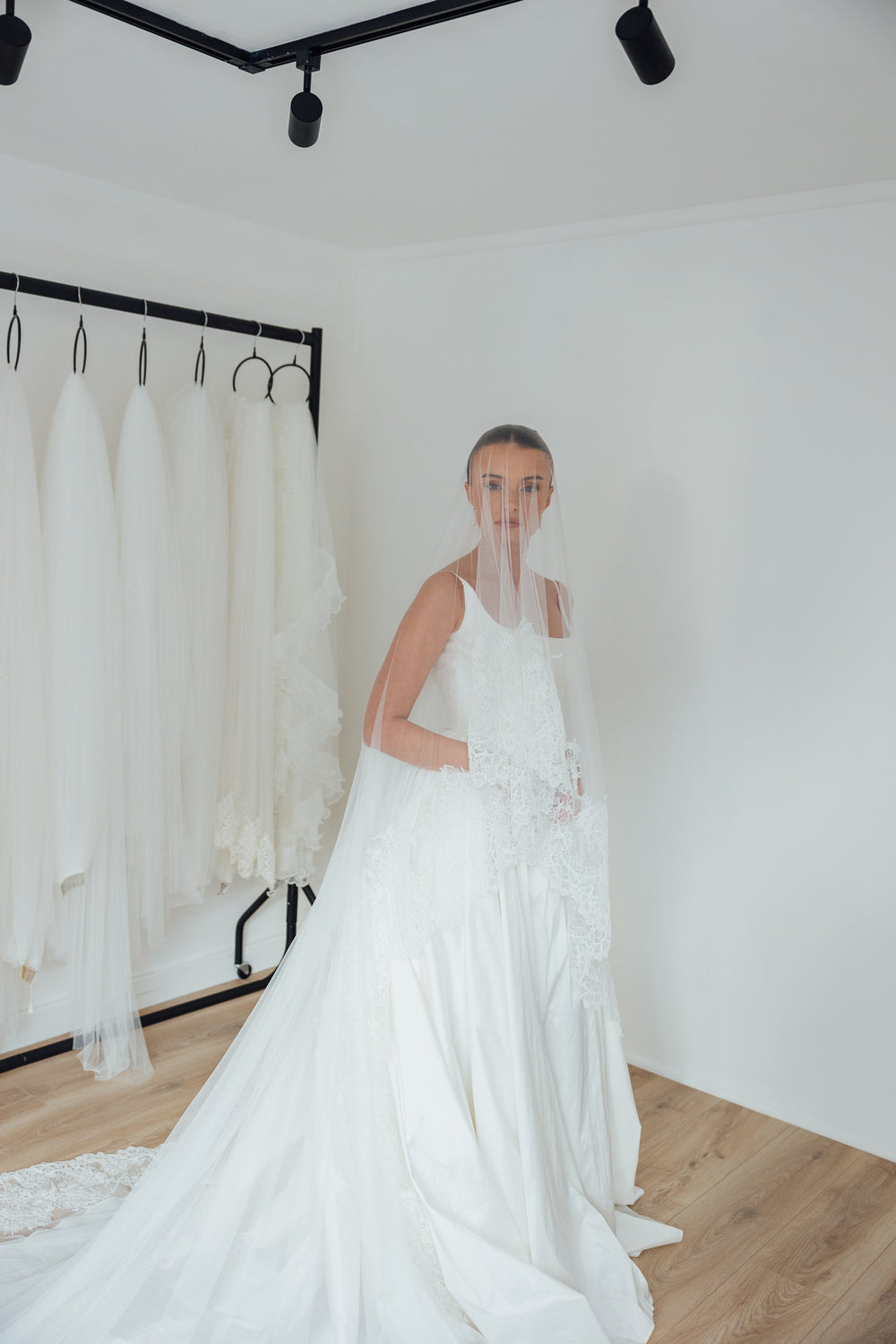 LIV. blusher veil, wide lace edge.